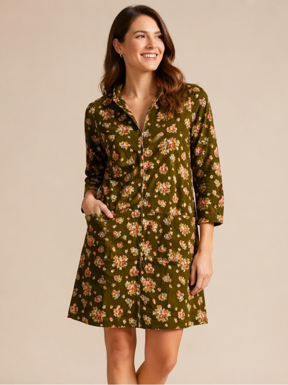 Tuckernuck Hazel Olive Brown Floral corduroy popover dress NWT